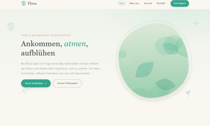 Startseite des Flora-Themes in sanften Grüntönen mit organischen Formen