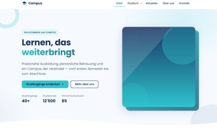 Startseite des Campus-Themes in Navy und Türkis