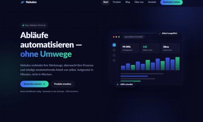 Startseite des Orbit-Themes, dunkel mit Elektroblau und Mint