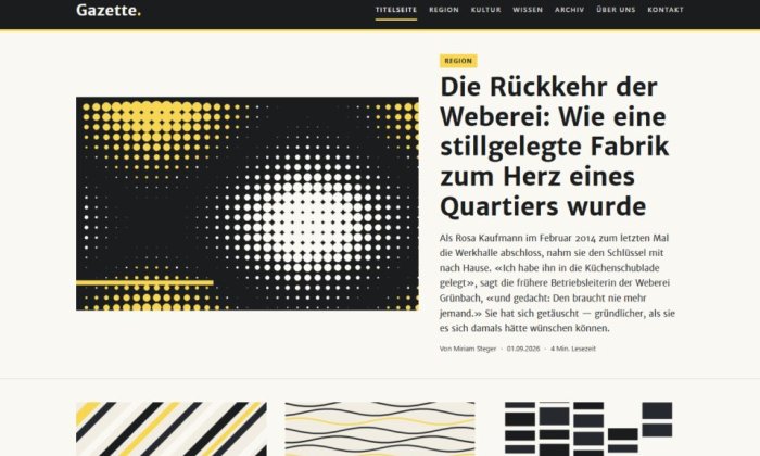 Startseite des Gazette-Themes im Zeitungsstil mit Senfgelb