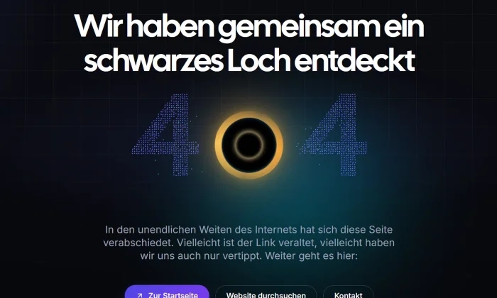 Die 404-Seite von chweb.ch: zwei aus Punkten gebaute Vieren, dazwischen ein schwarzes Loch mit leuchtendem Ring