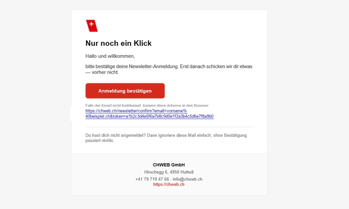 Bestätigungsmail des CHWEB-Newsletters mit Bildmarke, Knopf und vollständigen Absenderangaben