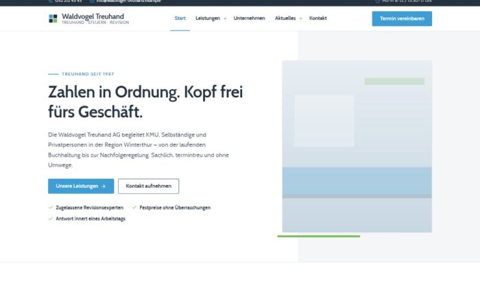 Startseite des Kontor-Themes, hell und sachlich in Stahlblau