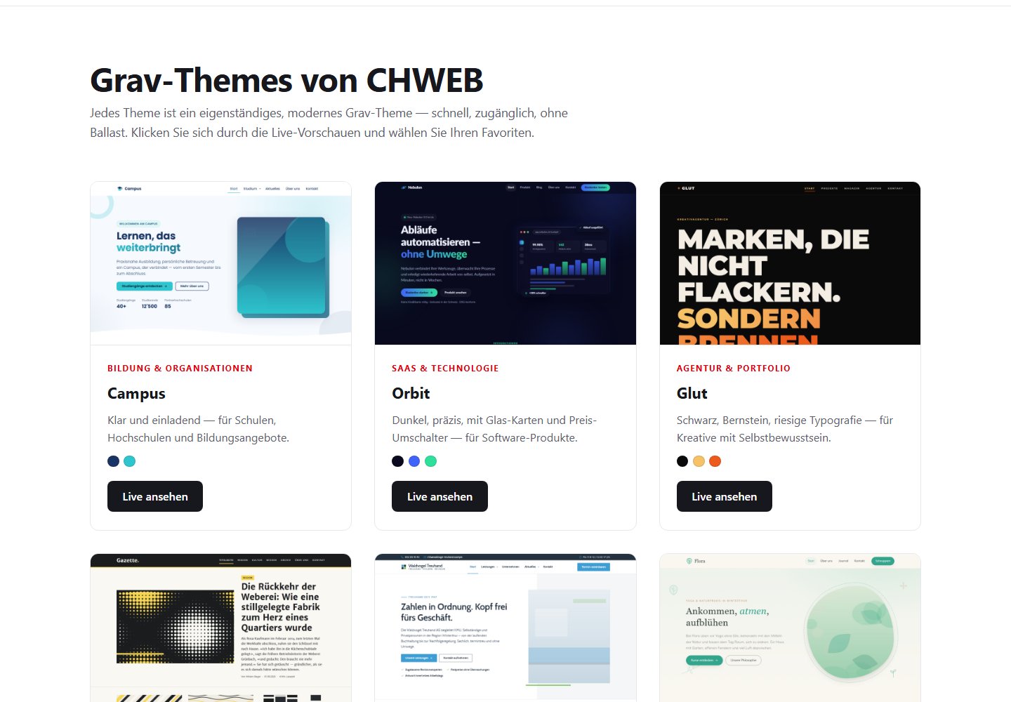 Galerie mit acht Website-Themes von CHWEB: Campus, Orbit, Glut, Gazette, Kontor, Flora, Riff und Atelier